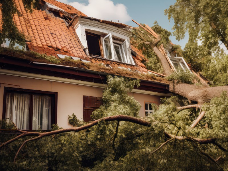 Ein Baum ist auf ein Haus gefallen.