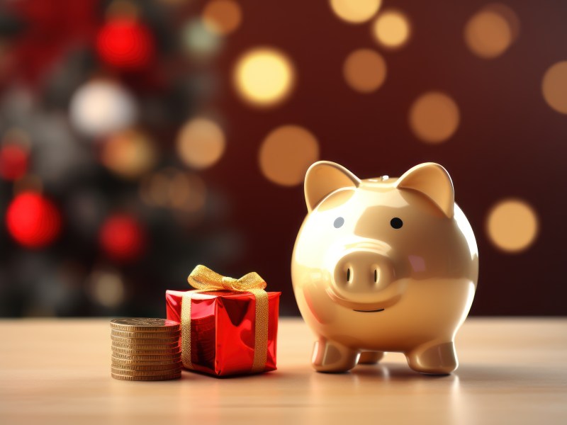 Ein goldenes Sparschwein mit Geld und einem Geschenk vor einem weihnachtlichen Hintergrund.