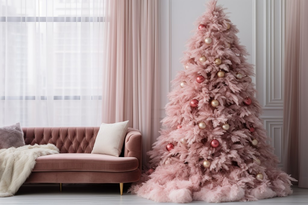 Ein geschmückter Weihnachtsbaum steht in einem Wohnzimmer. Er ist rosa und daneben steht ein rosa Sofa. Im Hintergrund weiße Gardinen.