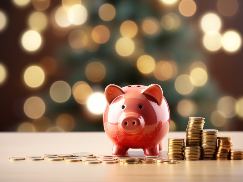 Eine Sparschwein samt Münzen steht vor einem Weihnachtsbaum.