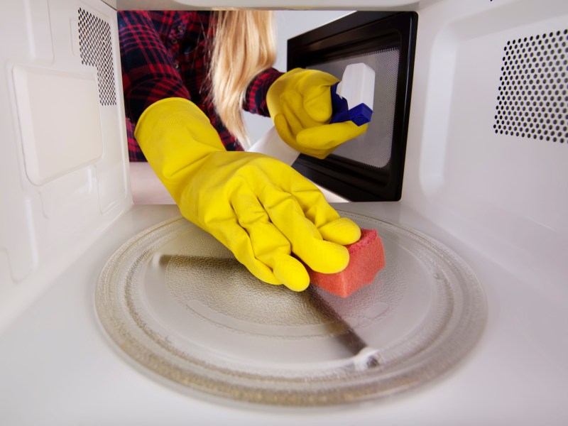 Frau macht Mikrowelle sauber