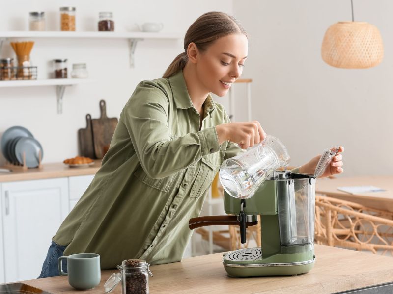 Frau füllt Wasser in eine Kaffeemaschine