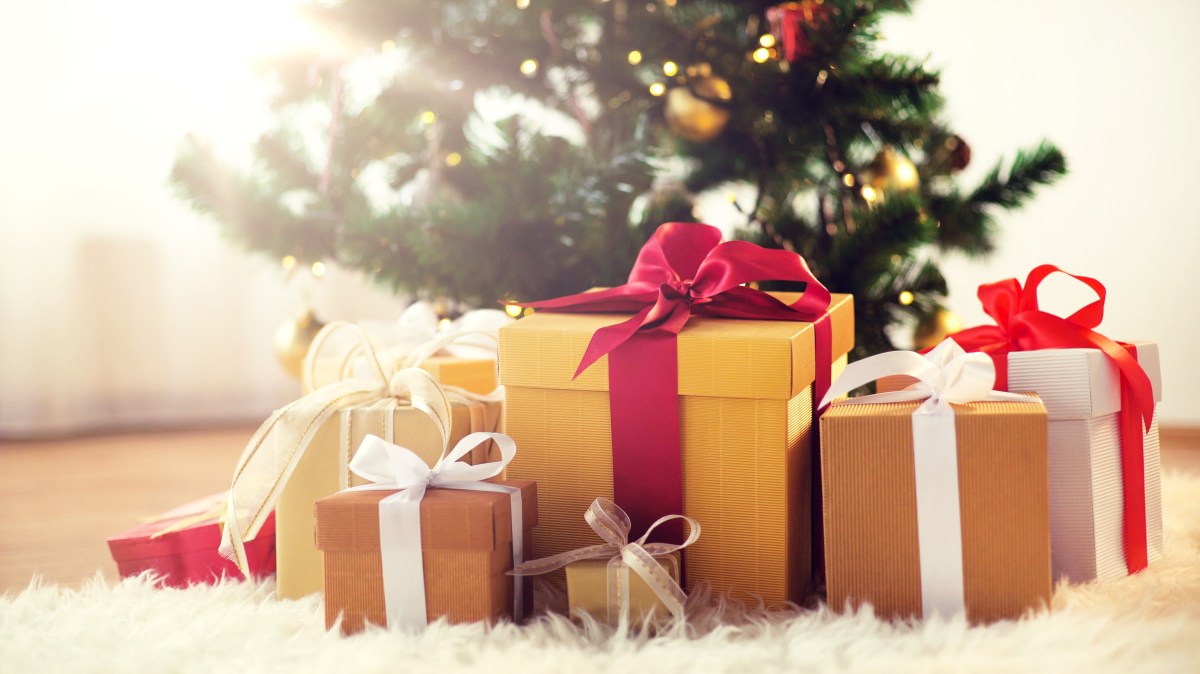 Weihnachtsgeschenke liegen unter einem geschmückten Weihnachtsbaum.