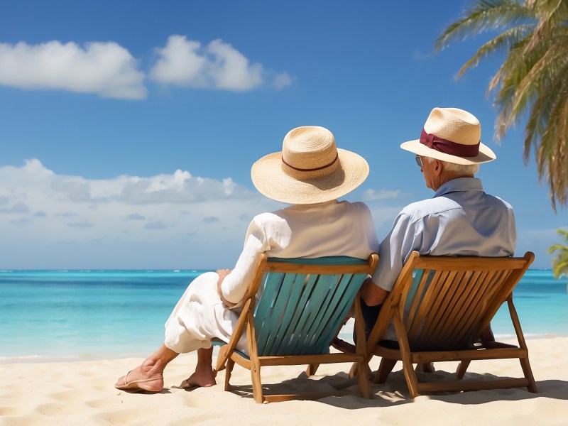 Ein Senioren-Paar sitzt am Strand unter Palmen.