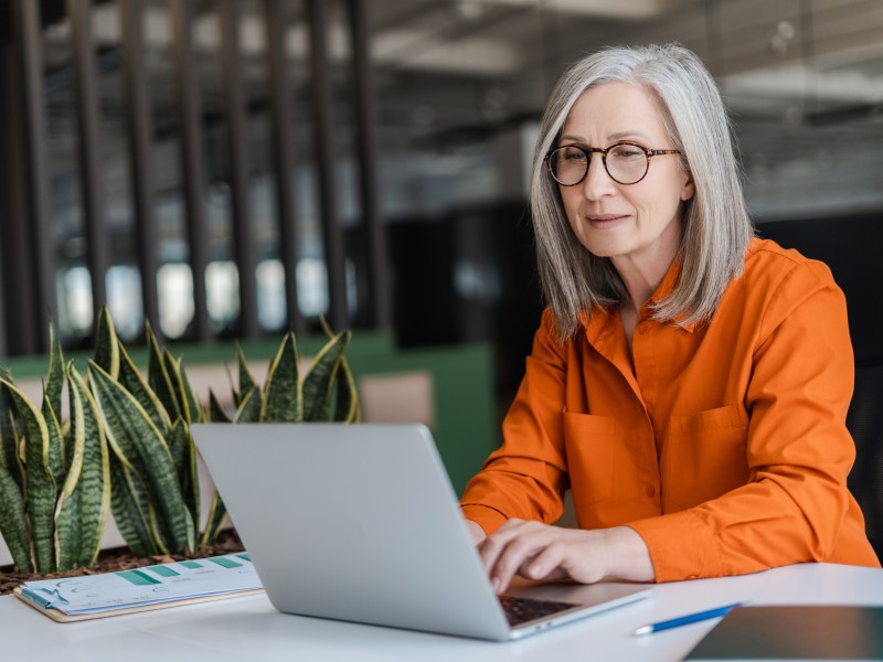 Eine ältere Dame mit grauen Haaren sitzt im Büro vor einem Laptop.