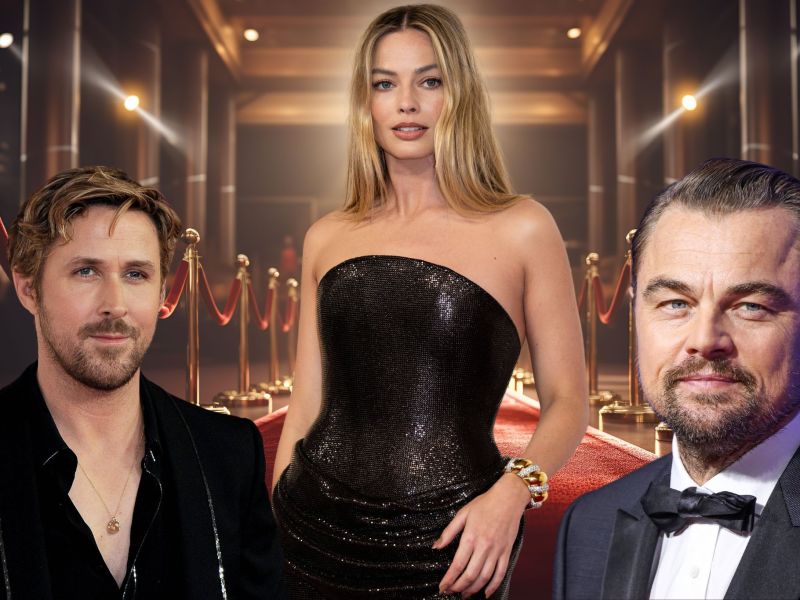 Die Schauspieler Margot Robbie, Ryan Gosling und Leonardo DiCaprio vor dem roten Teppich.