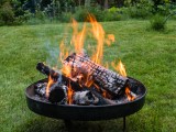 Eine Feuerschale mit brennendem Holz steht in einem Garten.