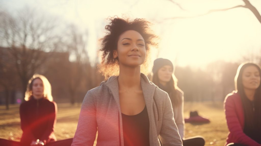 Frauen machen Yoga auf einer Wiese.