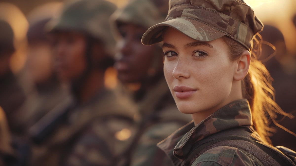 Eine Frau in einer Militäruniform steht am Anfang einer Reihe.