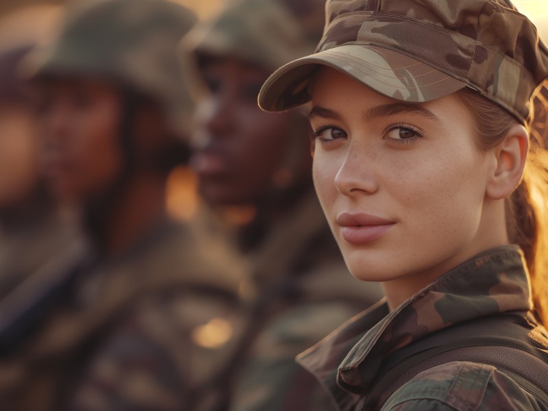 Eine Frau in einer Militäruniform steht am Anfang einer Reihe.