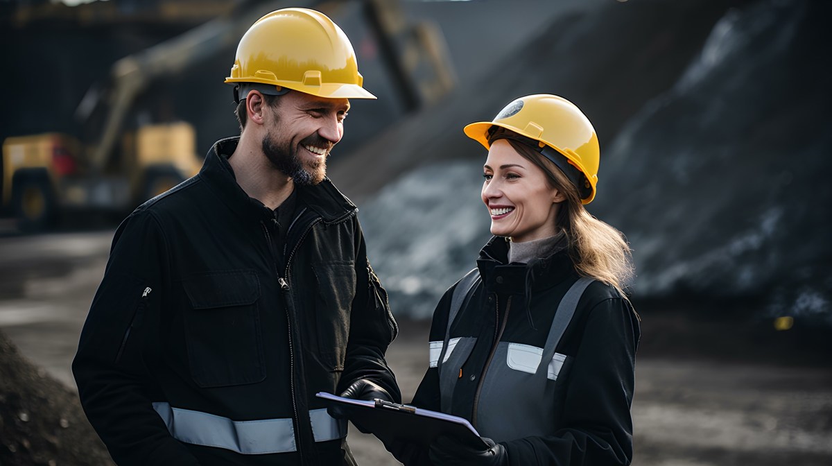 Eine Frau und ein Mann stehen mit einem gelben Helm auf dem Bau.