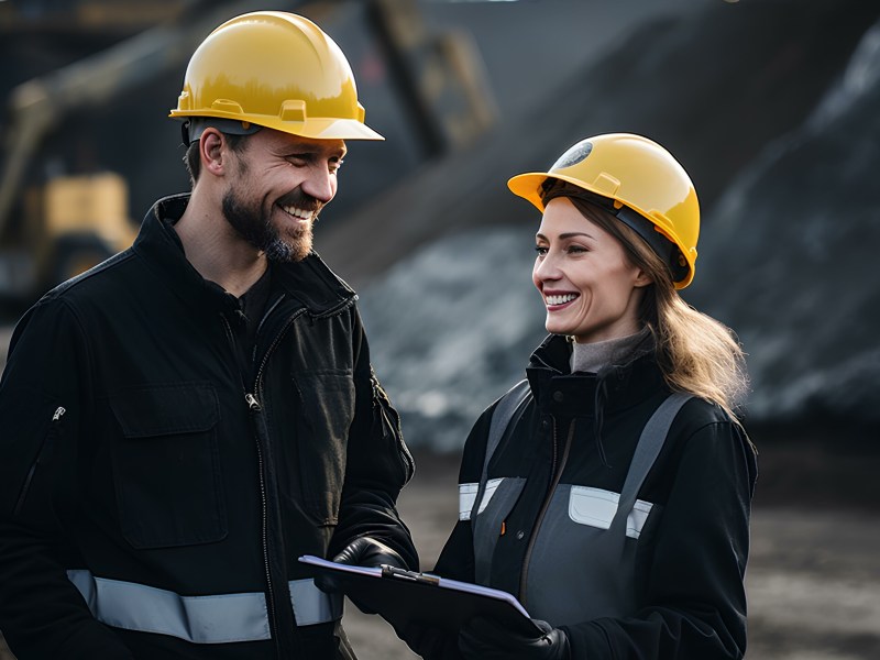 Eine Frau und ein Mann stehen mit einem gelben Helm auf dem Bau.