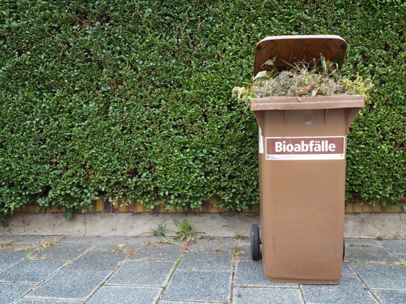 Eine volle Biotonne steht am Straßenrand.