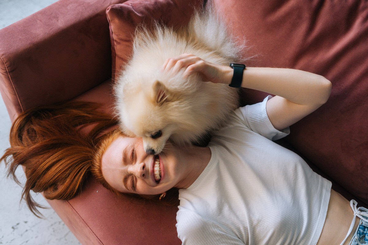 Hund bringt Frau zum Lachen