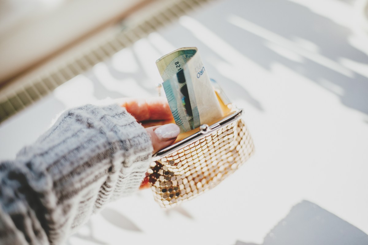Die weibliche Hand hält eine goldene Handtasche mit Euro-Scheinen.