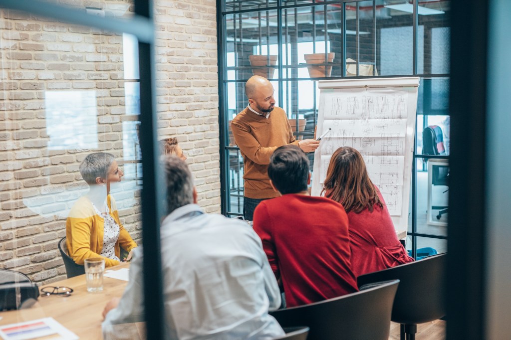 Business-Coach gibt Flipchart-Präsentation und unterrichtet Mitarbeitende.
