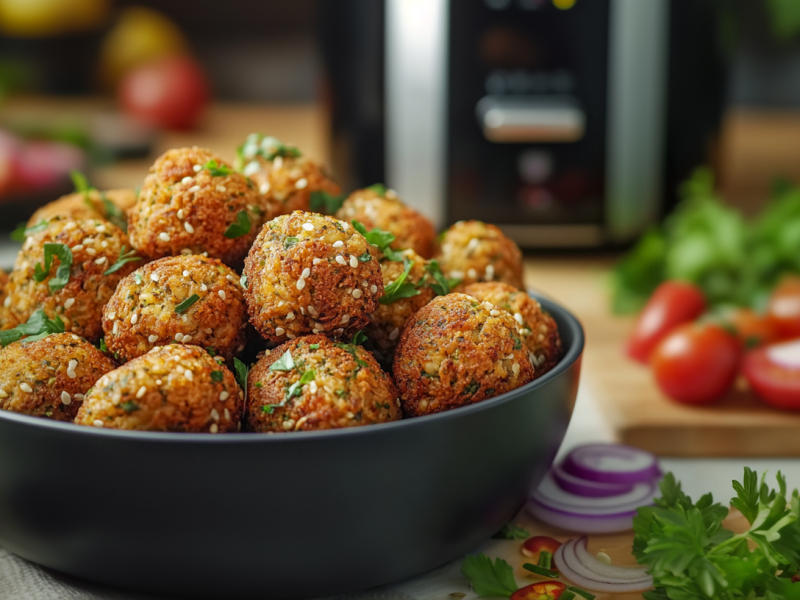 Eine Schüssel mit Falafel aus der Heißluftfritteuse.