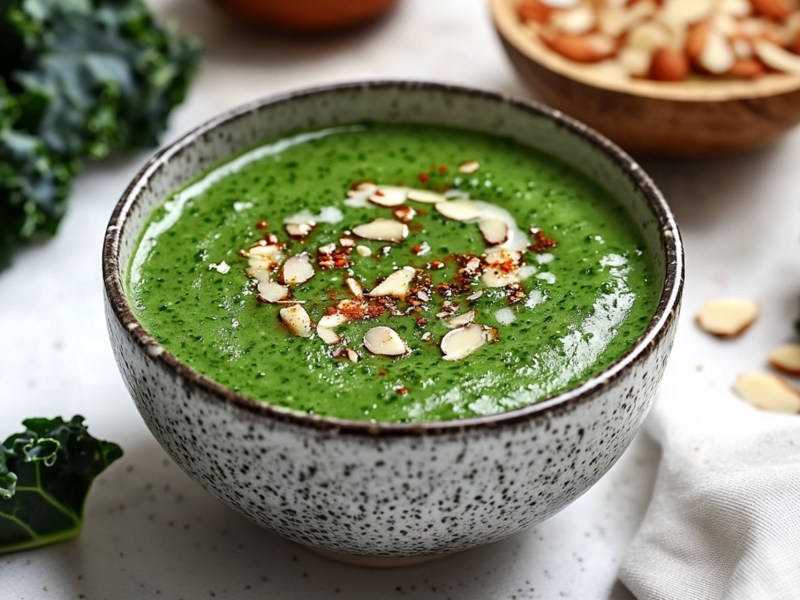 Eine Schüssel mit Grünkohl-Kokos-Suppe garniert mit gehackten Mandeln und Chilipulver. Die Schüssel steht auf einer hellen Arbeitsfläche. Ringsum liegen Grünkohlblätter. Außerdem ist im Hintergrund eine Schale mit Mandeln angedeutet. Es liegen zusätzlich ein paar einzelne Mandeln verstreut.