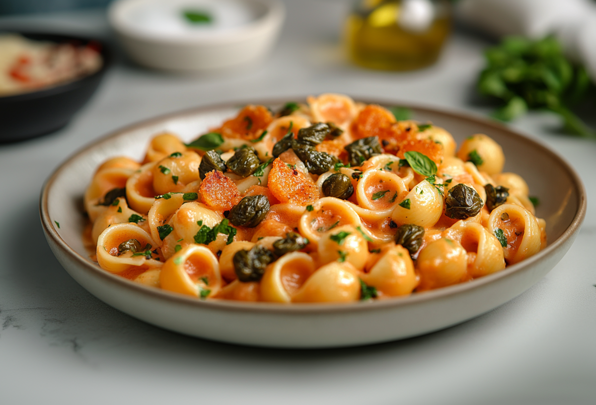 Ein Teller Nudeln mit Knoblauch-Paprika-Soße, Tomaten, Basilikum und Kapern. Im Hintergrund unscharf einige Zutaten in Schüsseln.