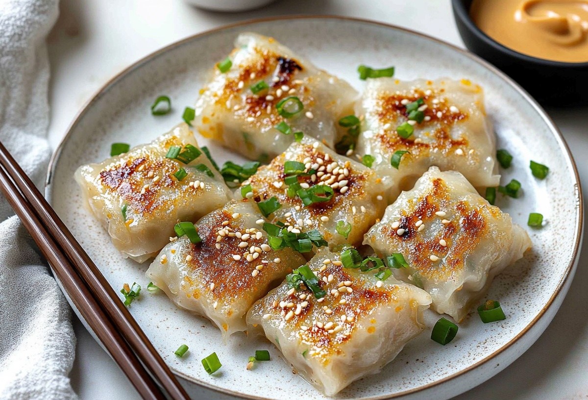 mehrere Reispapier-Dumplings auf einem Teller, bestreut mit Sesam und FrÃ¼hlingszwiebeln, daneben EssstÃ¤bchen und eine Schale ErdnusssoÃŸe.