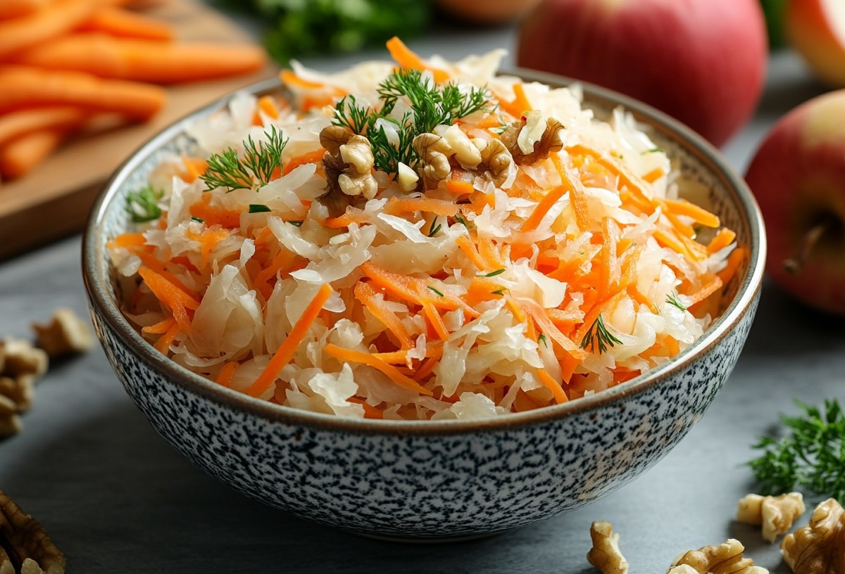 Sauerkraut-Apfel-Salat mit Karotte und Walnüssen in einer Schüssel, im Hintergrund einige Zutaten.