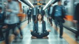 Frau meditiert in der U-Bahn