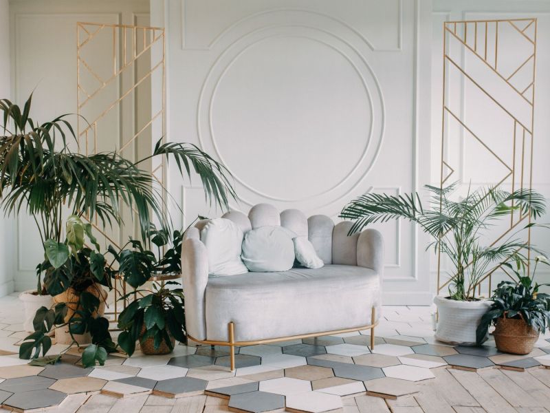 Art Déco-Wohnzimmer mit einer Couch und Pflanzen.