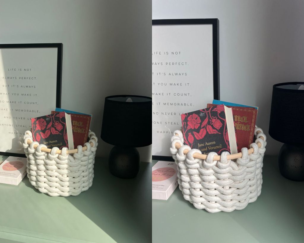 Korb gefüllt mit Büchern und einem Bilderrahmen im Hintergrund