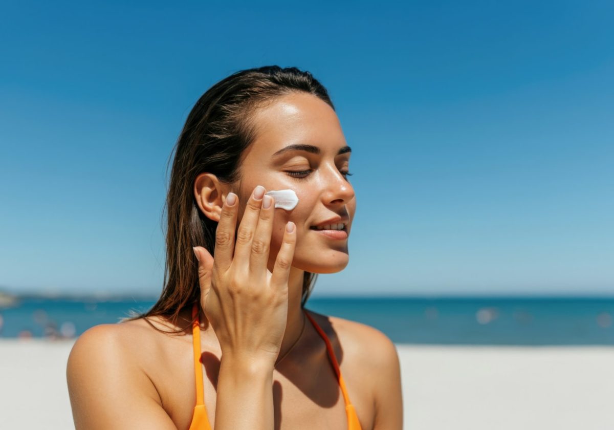 Frau trägt Sonnencreme auf