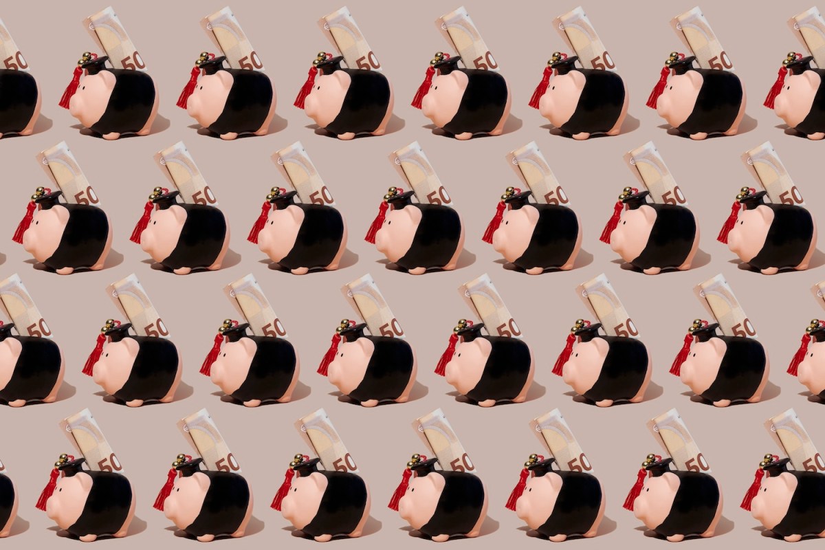 einige Sparschweine im Talar, in die jeweils ein gerollter 50-Euro-Schein eingelegt ist